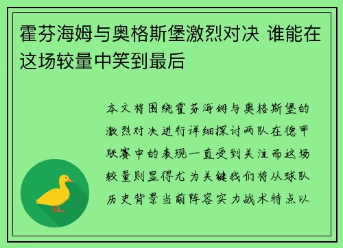 霍芬海姆与奥格斯堡激烈对决 谁能在这场较量中笑到最后